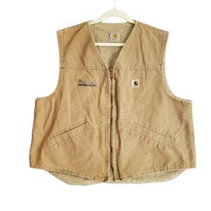 VTG Carhartt Men's Embroidered Full Zip Lined Sleeveless Tan Vest XXL